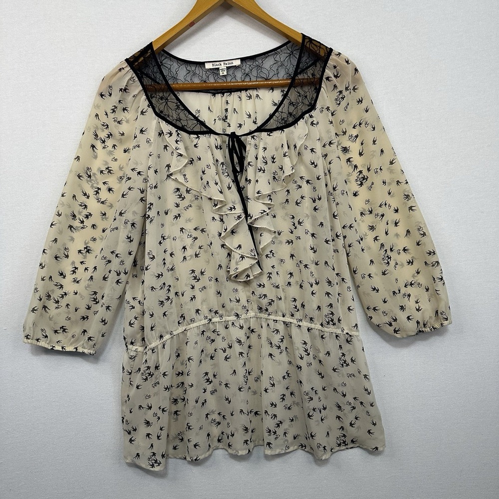 Black Rainn Women's Shear‎ Lightweight Blouse Sz XL Birds Sparrows Lace Neckline